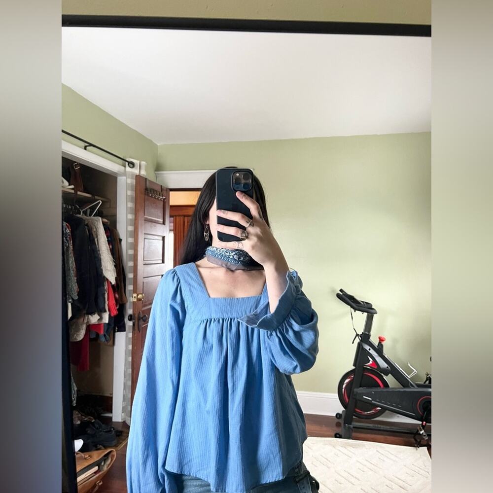 Sweet Baby Jamie babydoll blouse blue flowy bohemian square neck cotton blend